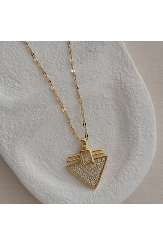 Lente Aksesuar Kadın Gold Çelik Zirkon Taşlı Geometrik Üçgen Tasarım Kolye Gold