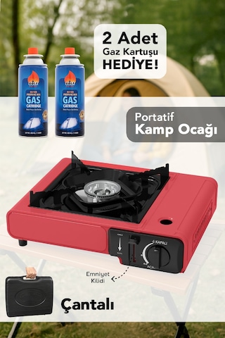 Portatif Kamp Ocağı - Taşıma Çantalı Gazlı Stop Emniyetli Kırmızı Kamp Ocağı Ve 2 Adet 227 Gr Kartuş Kırmızı