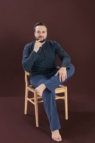 Seamlife Erkek Büyük Beden Bisiklet Yaka 3 Düğmeli Mevsimlik Uzun Kollu Pijama Takımı Lacivert