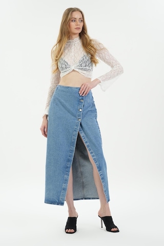 Açık Mavi Yüksek Bel Düğmeli Maxi Jean Etek C 4532-036 Açık Mavi