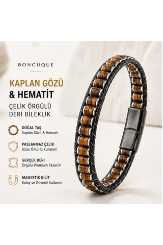 Premium Kaplan Gözü & Hematit Erkek Bileklik Çelik Kilitli Şık Deri Örgü Tasarım Kahverengi
