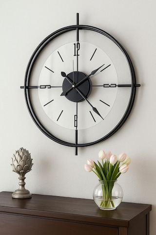 MetaQuartz Aksesuar Deluxe Şeffaf Cam İskandinav Çiftçember Camlı Duvar Saati Siyah 55 x 55 CM