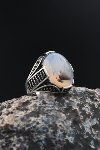 925 Ayar Gümüş Erkek Yüzüğü Yemen Akik Taşlı Mikro Taş Süslemeli 901769 Gümüş