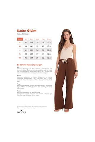 Tudors Kadın %100 Pamuk Baggy Fit Rahat Kesim Lastikli Bel Müslin Kumaş Cepli Kahverengi Pantolon-51089