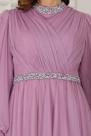 Senna Taş Detaylı Büyük Beden Şık Tesettür Abiye Lavanta