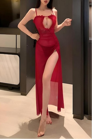 Venlisa Transparan Yırtmaçlı Gecelik Kırmızı