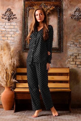 Nisanca Kışlık Düğmeli Ekose Desen Yılbaşı Temalı Kadın Süet Pijama Takımı Siyah