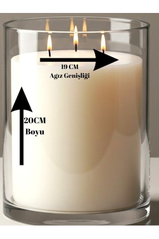 El İşçiliği Cam Vazo İçerisinde El İşçiliği Mum Vanilya Kokulu 19cm X 20cm Dev Boy Beyaz