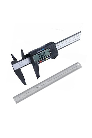 Dijital Karbon Fiber Kumpas 150mm Pil Dahil + 30cm Çelik Cetvel