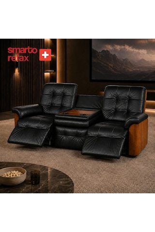 Smarto Relax Berlin 3 Lü Orta Konsollu Bardaklıklı Yatar Ayak Uzatmalı Ergonomik Deri Sinema Tv Koltuğu Siyah