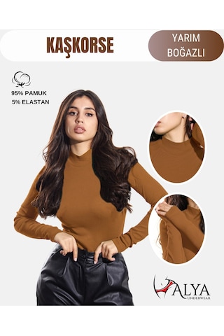 Kaşkorse Yarım Boğaz Body Sweatshirt, Fitilli Kumaş, Likralı, Bordo Kahverengi