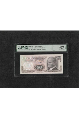 Türk Lirası Pmg 67 Epq Superb Gem Unc 50 Lira P 188 1970 Nd 1976 S/n I90 6. Emisyon 2. Tertip