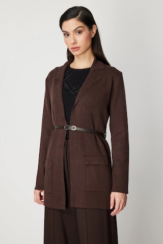 On Fashion Kadın Önü Açık Cepli Kemerli Kahverengi Hırka 69907 Kahve