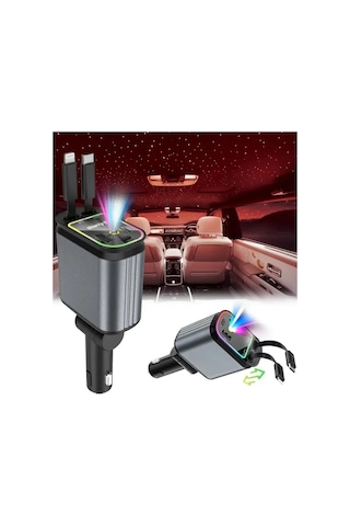 Acl Acc-01 Rgb Işıklı 66w Araç Şarj Cihazı 4in1 Geri Çekilebilir Kablo Type-c + Lightning Yıldızlı Tavan