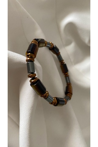 İlknur Doğal Taş Evi Hematit Ve Kaplangözü Taşı Bileklik Sarı - Kahverengi