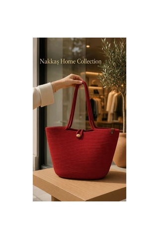 Nakkaş Home Collection Jüt Çanta Kadın Hasır Çanta, Plaj Çantası, Omuz Ve Günlük Kullanım Çantası-bordo-45x30 Cm