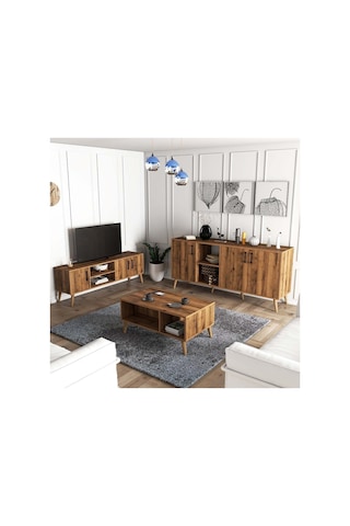 Exxen Ahşap Ayaklı Tv Ünitesi - Orta Sehpa - Konsol Seti Hat Rengi Set 1582-2072-1622