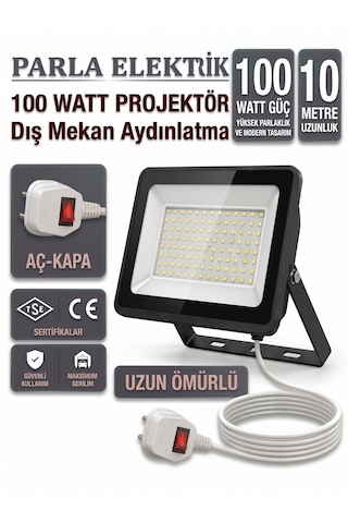 Parla 100 Watt Projektör Hazır 10 Metre Kablolu Aç-kapa 100w - Beyaz Işık