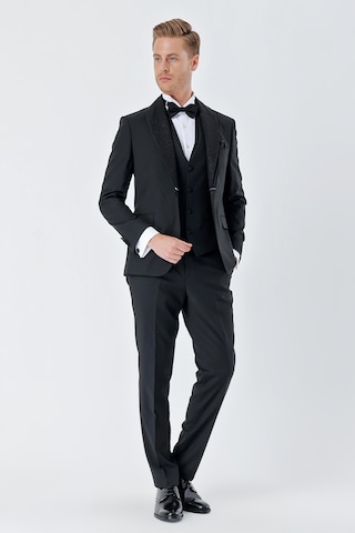 İmza Siyah Çizgili Çıkarılabilir Şal Yaka Yelekli 6 Drop Slim Fit Smokin Damatlık Takım 1001230212-Siyah