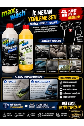 Max&wash İç Mekan Yenileme Seti 2'li 1 Kg Torpido Parlatıcı Süt + 1 Kg Genel Detay Temizleyici + 2 Adet Fıs Fıs Başlık Hediyeli Araç İç Temizlik Ve Bakım Seti