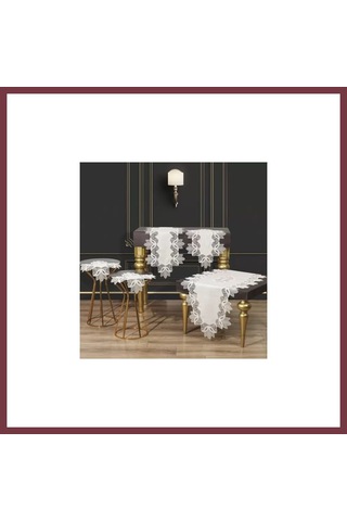 Storeşahin Krem-gold Kayla Model Keten 5 Parça Masa Örtüsü Runner Seti Salon Takımı No 2323 Shn0720 Krem - Gold