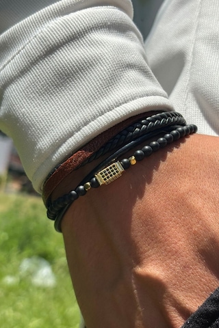 Taşlı Örgülü El İşçiliği İle Üretilmiş Hakiki Deri Erkek Bileklik Siyah - Altın