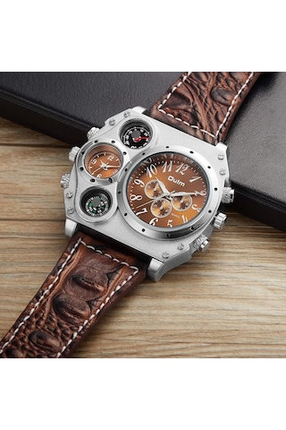Erkek Askeri Sporlar Kuvars Bileği İzle İki Saat Dilimi Pusulası Ve Termometre Dekoratif Kadran Deri Kayış Serin Saat Kahverengi Koyu Kahverengi