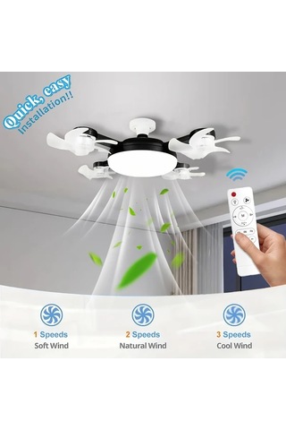 Boatshop1 Led Akıllı Tavan Fanı Lambası Siya Dört Fanlar E27 E26 Soket Uzaktan Kumanda 3 Hız Parlaklık Ayarlı Yatak Oturma Çalışma Odası