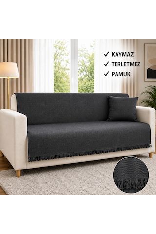 %100 Pamuk Kaymaz & Terletmez & Saçaklı & Yumuşak Koltuk Örtüsü-tek Ve Çift Kişilik Koltuklar İçin- 170 X 200 Cm Antrasist