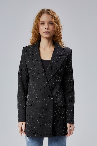 Kadın Regular Dokuma Astarlı Taş Detaylı Blazer Ceket Siyah