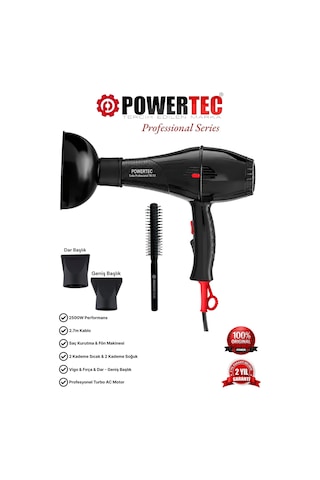 Powertec TR-701 Profesyonel Fön Makinesi + Vigo Difüzör Başlık + Profesyonel Fön Fırçası