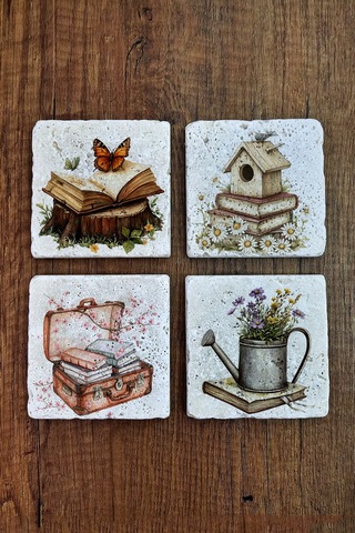 Doğal Taş Bardak Altlığı - Kitap & Doğa Temalı 10x10xm Stone Coasters Çok Renkli