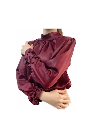 Mois Atelier Bordo Saten Büzgülü Bluz Gömlek Tasarım Hediye Büyük Beden Tesettür