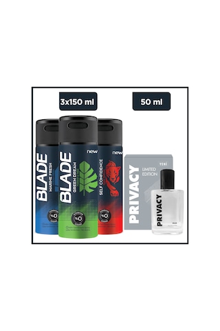 Blade Green Dream + Marine Fresh + Self Confidence Erkek Sprey Deodorant 3 x 150 ML + Privacy Men Limited Erkek Parfüm EDT 50 ML
