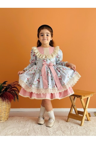 Mavi Çiçekli Önü Fiyonklu Vintage Elbise, Özel Dikim Çocuk Elbisesi, Doğum Günü Elbisesi,0-12 Yaşa Uygun Mavi