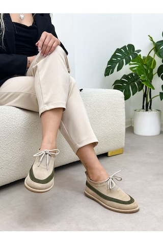 Erva'nın Butiği Bej Hakiki Deri Santa Bağcık Detay Kadın Sneakers-6390