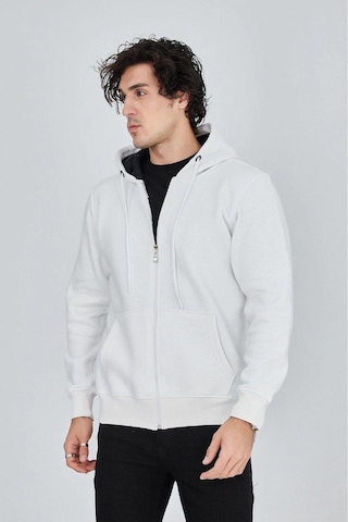 2Y Premium Erkek 3 İplik Pamuklu Fermuarlı Kapüşonlu Kanguru Cepli Hoodie Hırka Sweatshirt - Beyaz