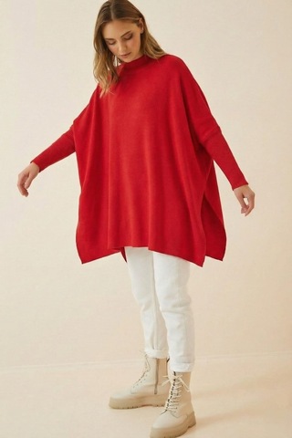 Onno Style Women Düz Triko Standart Panço Kırmızı