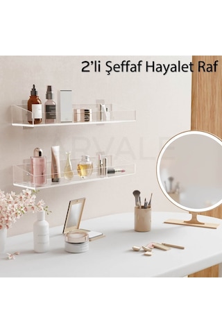 2 Adet Pleksi Hayalet Raf Banyo Mutfak Düzenleyici Kendinden Yapışkanlı Vidalı Raf - 40 Cm Şeffaf
