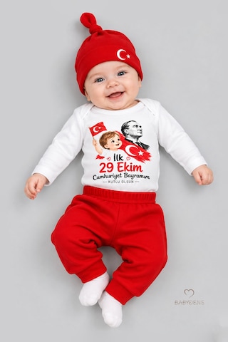 Babyden's İlk 29 Ekim Cumhuriyet Bayramım Baskılı 3'lü Bebek Takımı 100 Pamuk Uzun Kollu Çıtçıtlı Body Pantolon Bere Seti Kırmızı - Beyaz