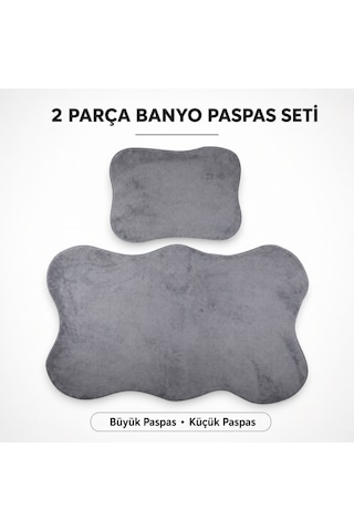 2 Li Banyo Paspası Halısı Seti Kaymaz Tabanlı Yıkanabilir Klozet Takımı Gri
