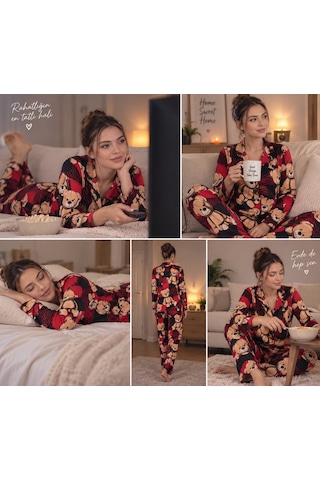 Çağrı Kadın Kırmızı Ayıcık Desenli Düğmeli Pijama Takımı - Yaka Detaylı Uzun Kollu Ev Giyimi Seti