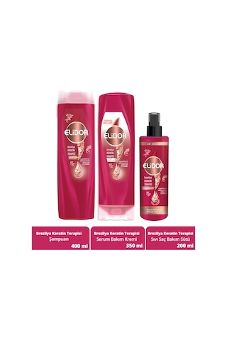 Elidor Brezilya Keratin Terapisi Şampuan 400 ML + Serum Bakım Kremi 350 ML + Sıvı Saç Bakım Sütü 200 ML