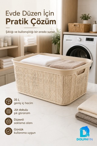 Jute Köşeli Sele Sepet 35 L 52,5x34,5x22,5 Cm Çamaşır Oyuncak Saklama Taşıma Sepeti Bej