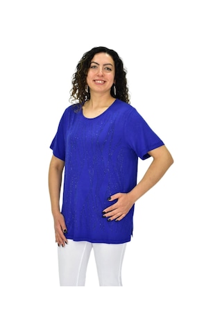 Kadın Viskon Taşlı Kısa Kol Bluz Bgl-st04679 Saks Mavi