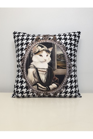 Şapkalı Kedi Kaz Ayağı Desen Kırlent Kılıfı Renkli