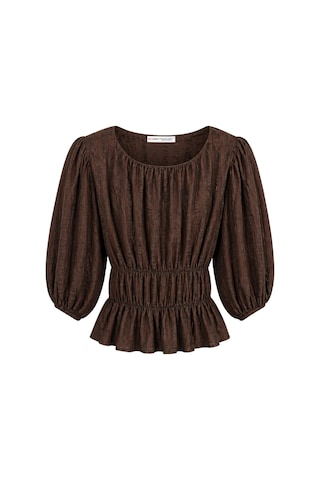 Mixray 4873 Kadın Büzgü Detaylı Balon Kol Peplum Bluz Kahve