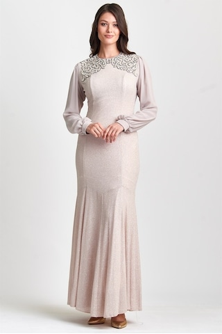 Bej Önü Lazer Işlemeli Abiye Elbise Bej