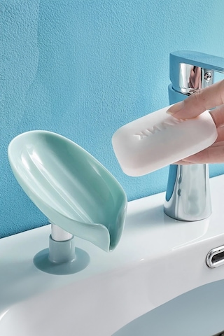 Thentech Şık Tasarımlı Sabunluk Banyo Vantuzlu Sabunluk Su Kanallı Zarif Yeşil