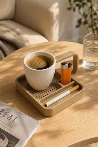 Kahve Sunum Tepsisi Çok Bölmeli Masa Üstü Organizer Kupa Fincan Standı Pla 12.5x11x7 Cm Krem Bej